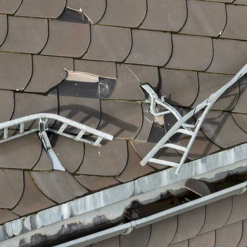 drohnenaufnahme dach beschädigt mit schneefanggitter ziegel regenrinne