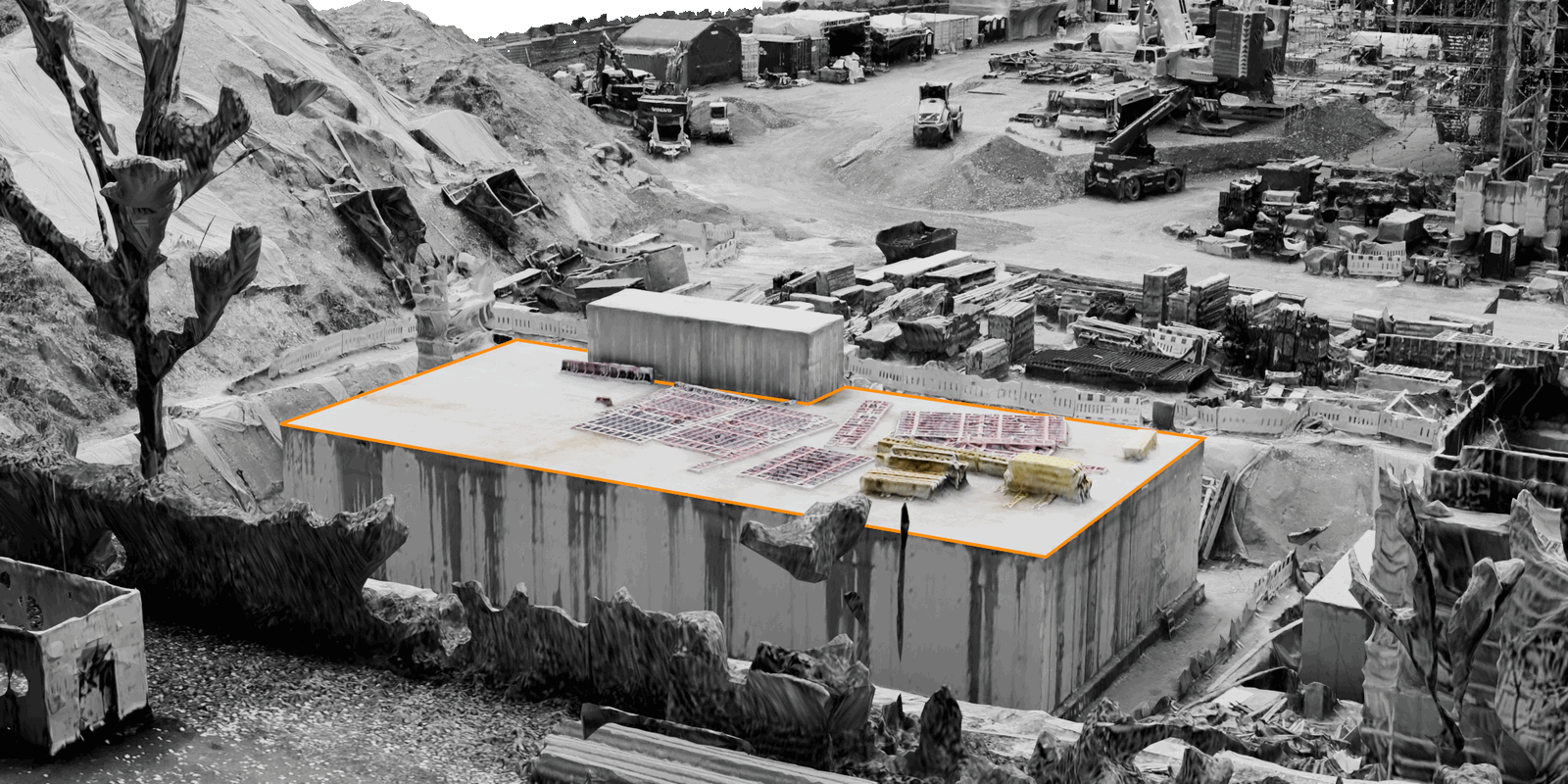 drohnenvermessung flächenmessung an betonplatte auf baustelle