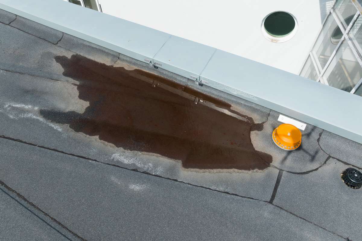 drohnenaufnahme flachdach wasserschaden mit pfütze
