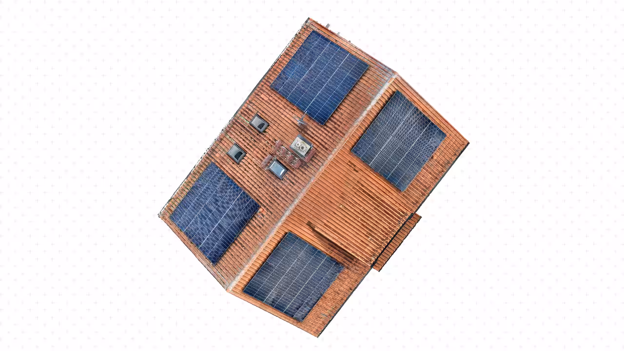 draufsicht auf das 3d-modell eines hausdaches mit schornstein, dachfenstern und solarmodulen in darmstadt