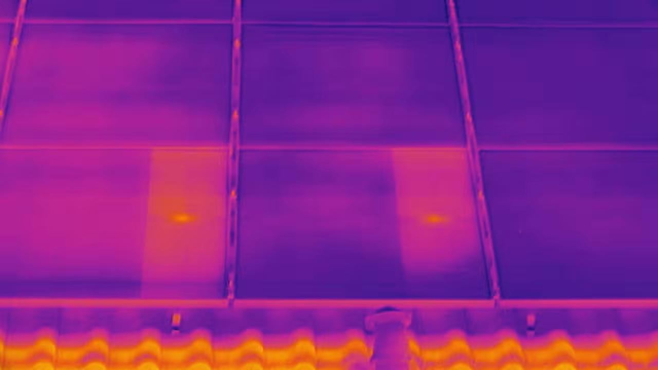 thermografische drohnenaufnahme einer photovoltaikanlage mit defekten solarmodulen in darmstadt