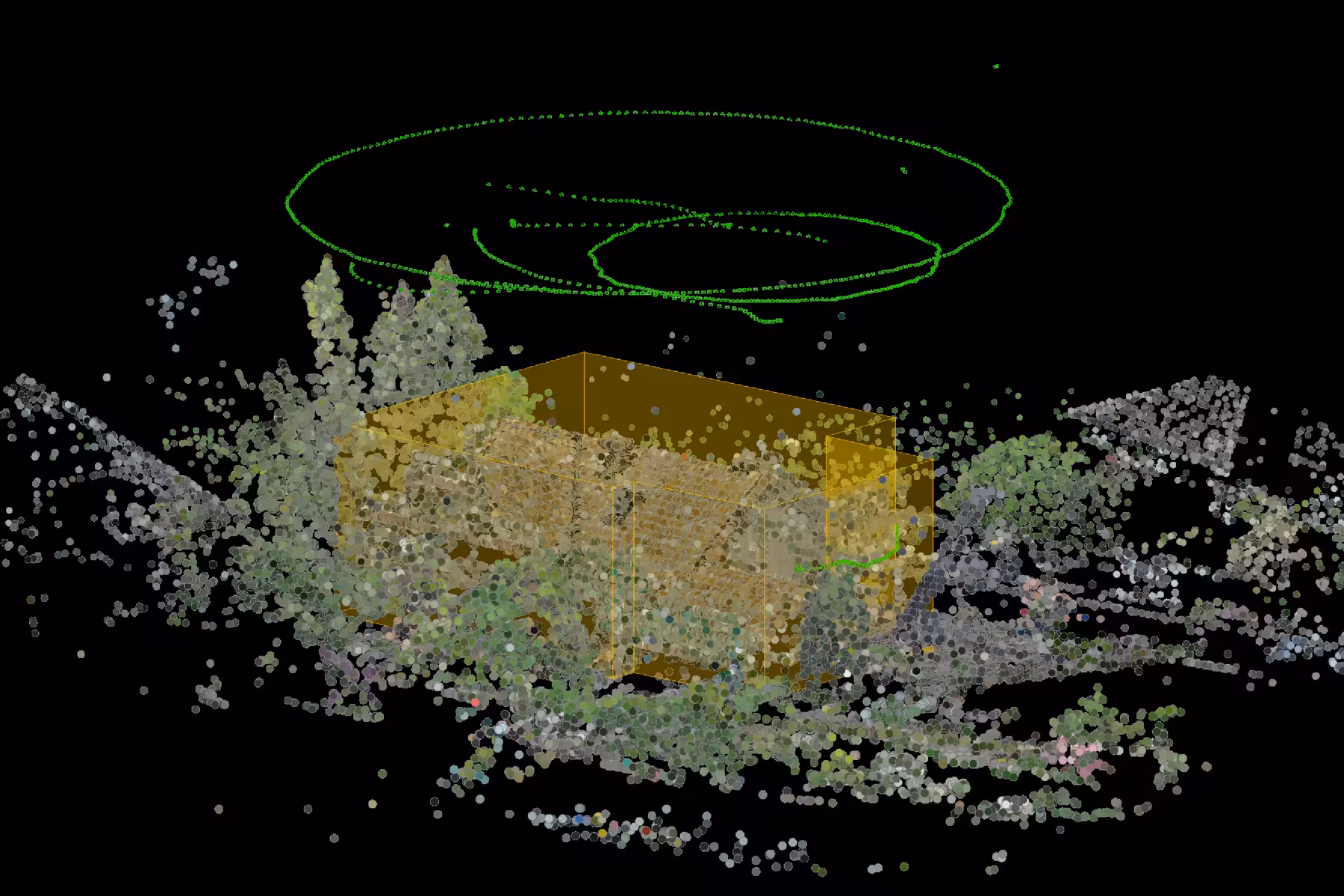 grafik der photogrammetrischen datenverarbeitung in dji terra pro mit punktwolke und kameraperspektiven eines mehrfamilienhauses
