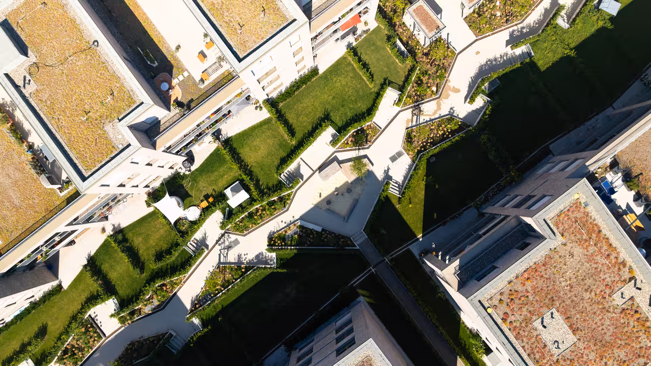 drohnenaufnahme eines fußwegs mit mehreren gepflegten gärten in einem modernen neubaugebiet (york-quartier) auf einem ehemaligen kasernengelände in münster