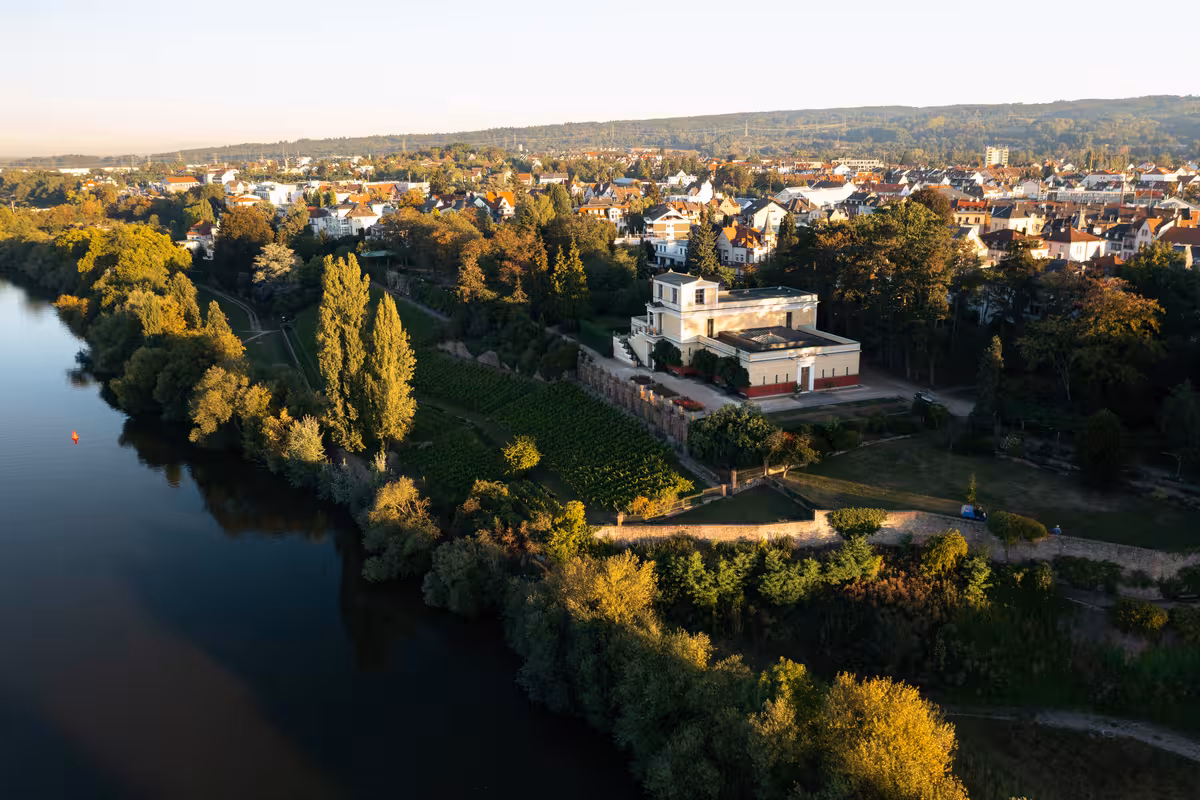 drohnenaufnahme des pompejanums mit weinbergen in aschaffenburg in der morgensonne während einer drohnenvermessung