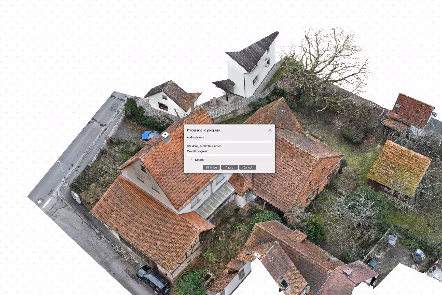 grafik der photogrammetrischen datenverarbeitung in agisoft mit dem dreidimensionalen modell eines mehrfamilienhauses