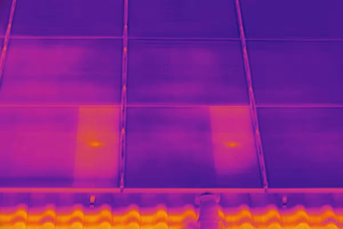 thermografische drohnenaufnahme einer photovoltaikanlage mit defekten solarmodulen in darmstadt während einer drohneninspektion