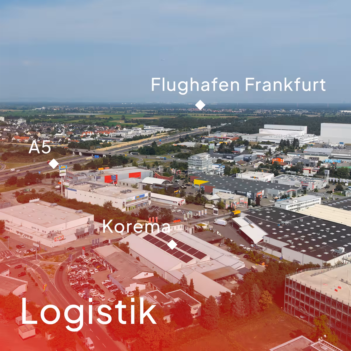 drohnenaufnahme des gewerbegebiets in weiterstadt mit markierungen für unternehmen korema, autobahn a5 und flughafen frankfurt, aufbereitet für instagram