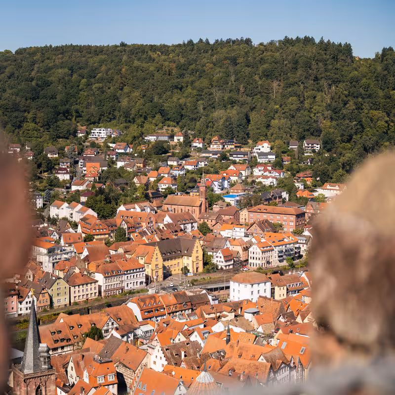 thumbnail als teleaufnahme der kirche sankt venantius mit tauber und altstadt im vordergrund vom bergfried der burg wertheim aus für stadtmarketing