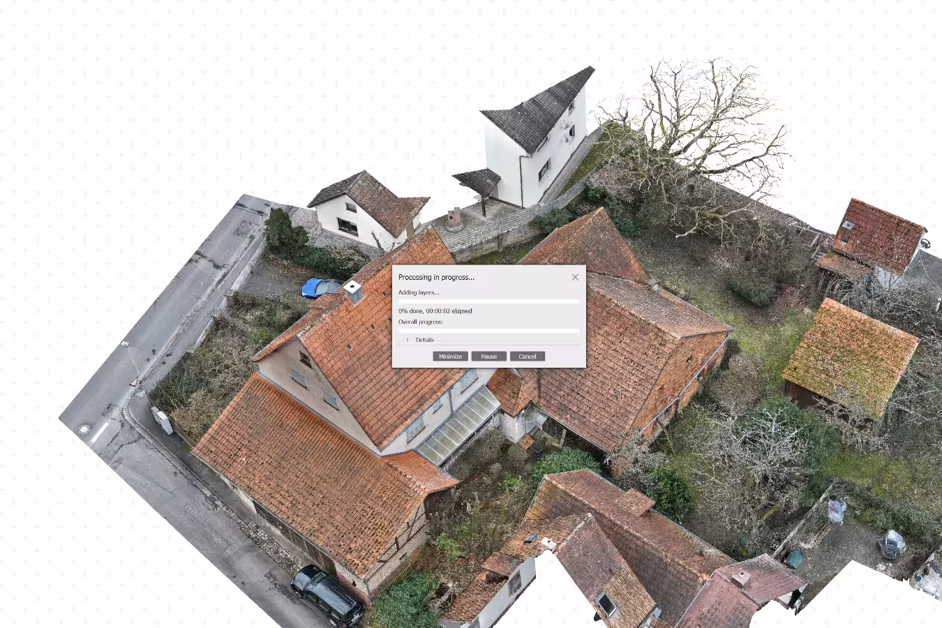grafik der photogrammetrischen datenverarbeitung in agisoft metashape mit dem texturierten 3d-modell eines mehrfamilienhauses
