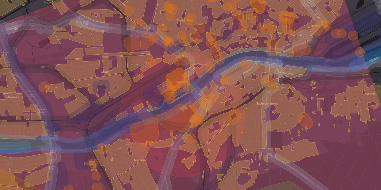 kartenausschnitt des frankfurter stadtgebiets mit geografischen zonen aus dem dipul maptool