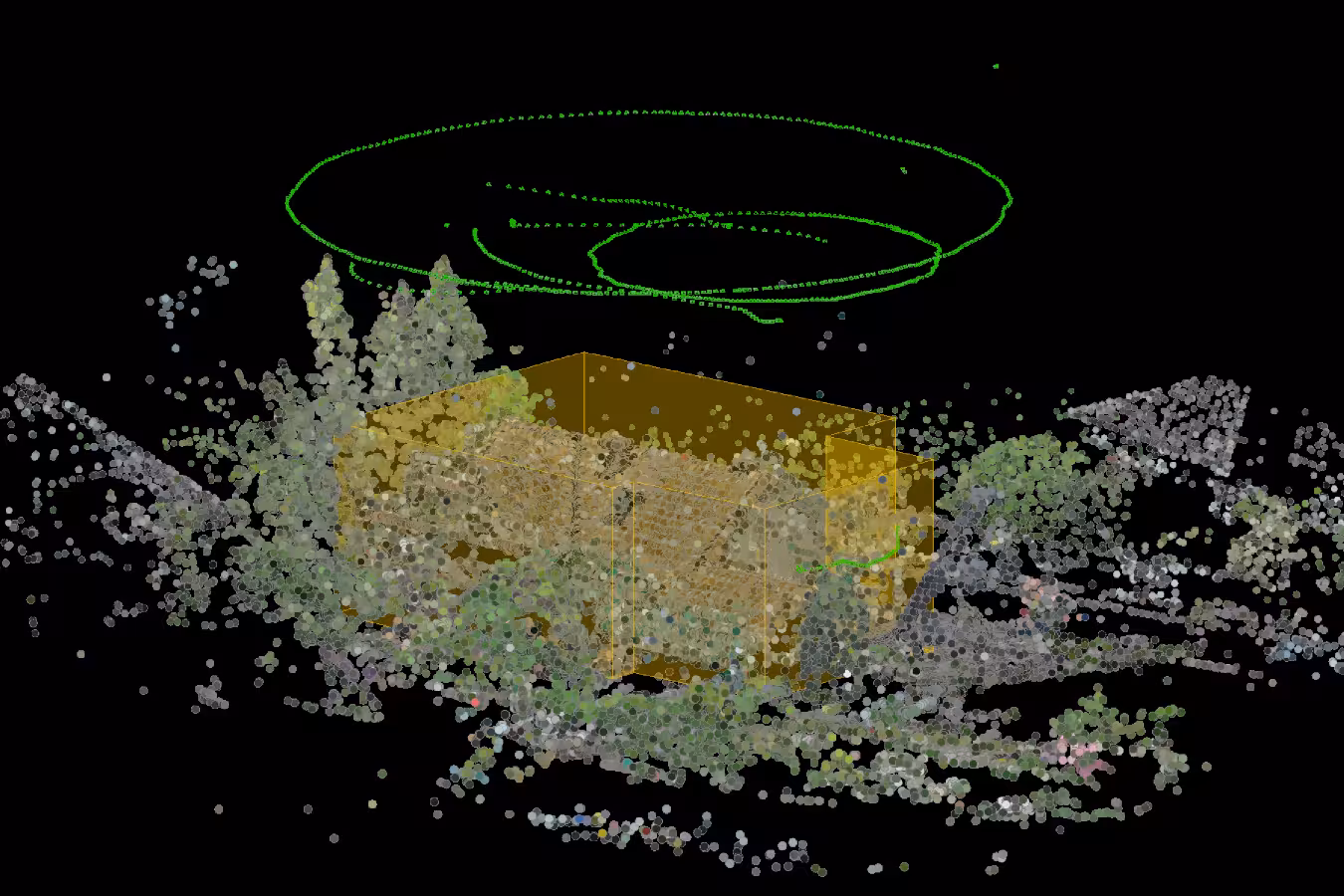 grafik der photogrammetrischen datenverarbeitung in dji terra mit punktwolke, objektvolumen und kameraperspektiven für die drohnenvermessung eines mehrfamilienhauses in lohr am main
