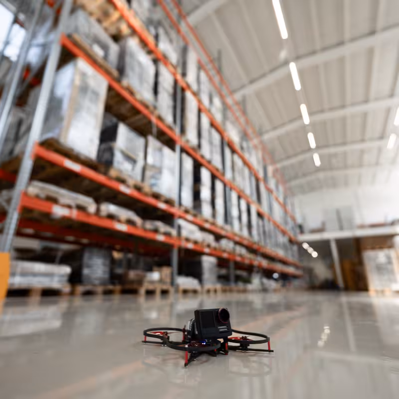 weitwinkel einer ultraleichten fpv drohne für in einer modernen logistikhalle während der produktion eines imagefilms